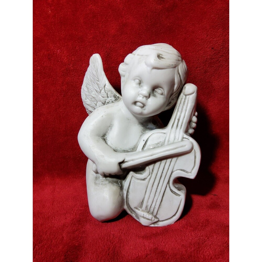 White & Gray Ceramic Porcelain Boy Angel with Bass / Cello Figurine